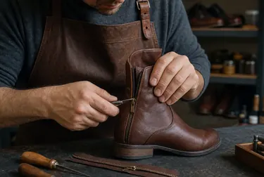 Sapateiro consertando o zíper de uma bota em Feira de Santana.